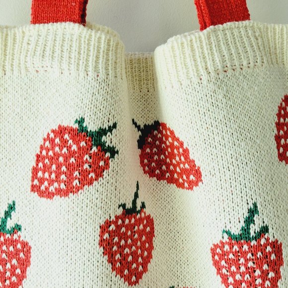 Strawberry small tote stretchy fabric tote colors red and cream - Picture 2 of 4
